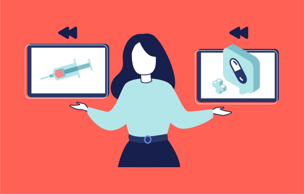 Woman presenting medical animation videos depicting a syringe and a pill, illustrating the range of topics covered