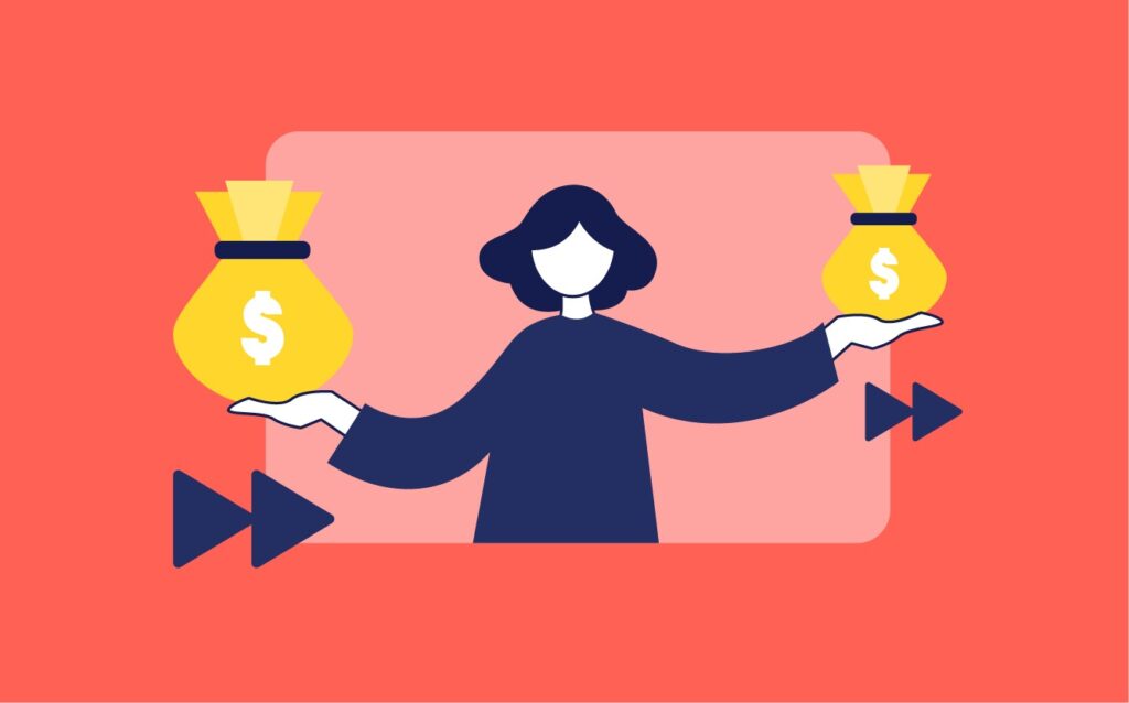 Woman balancing money bags, representing the cost of medical animation production